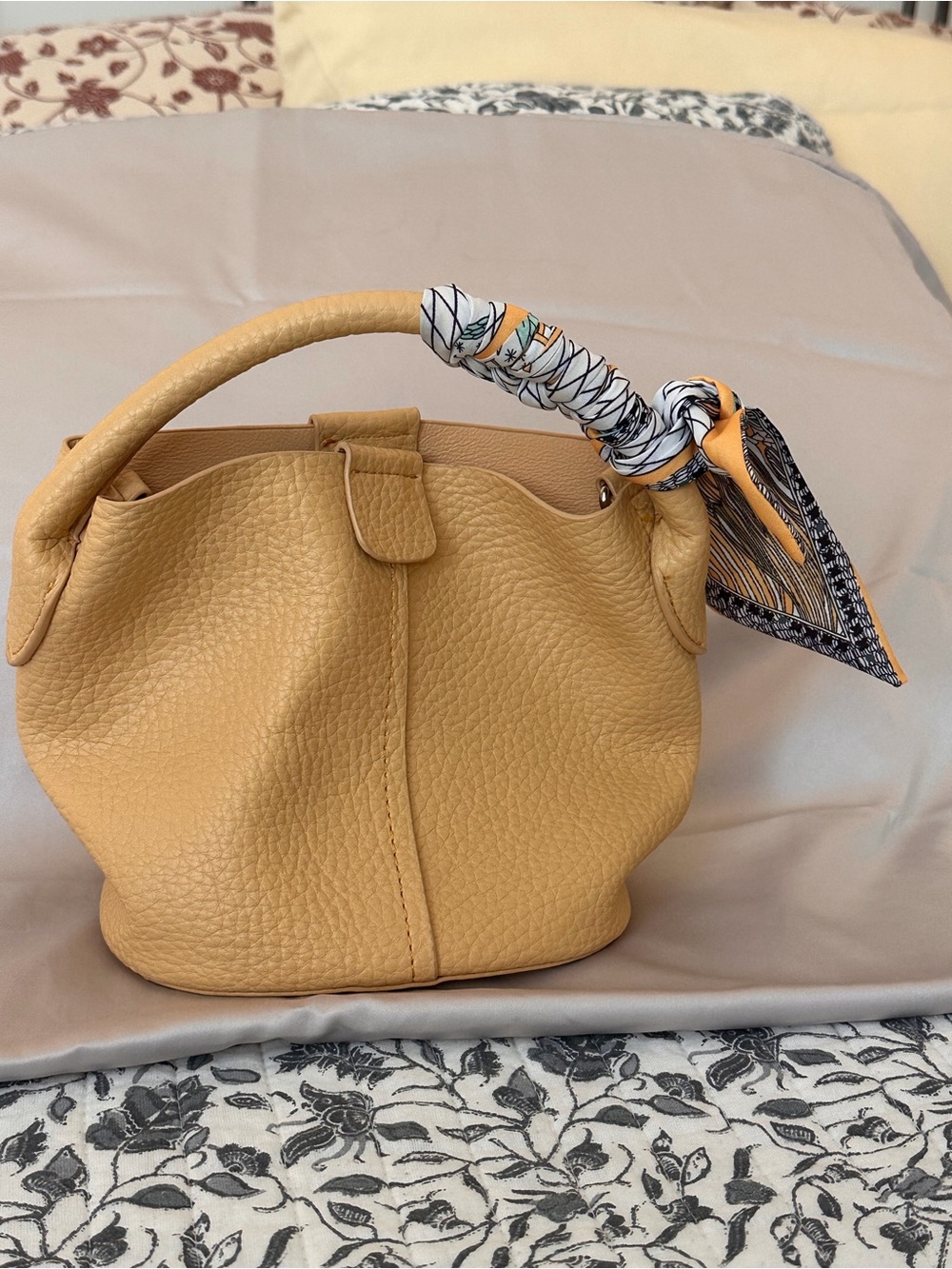 Pebbled Top-Handle Shoulder Bag in Mustard Yellow with Scarf Accent